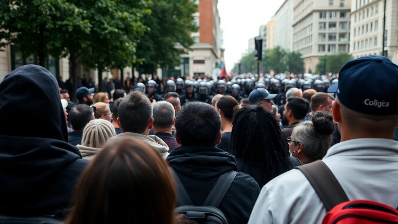 Protesters and police in a city street.