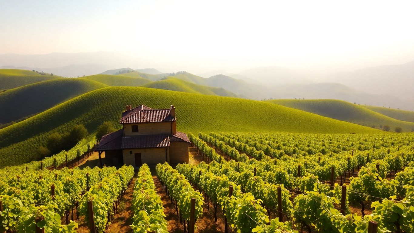 Winnice w Kachetii, Gruzja, z winoroślami i budynkiem winiarni.
