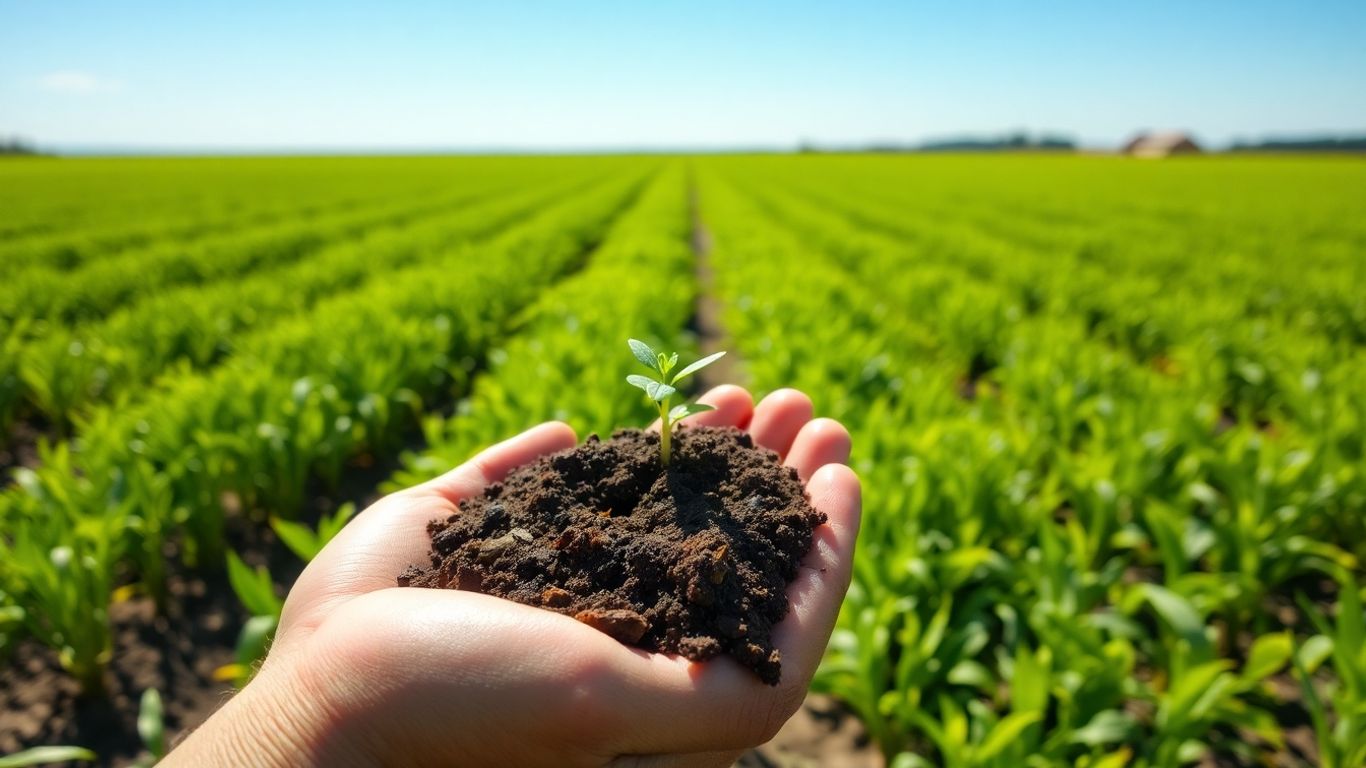 Câmp verde cu mâini ținând pământ și o plantă tânără.