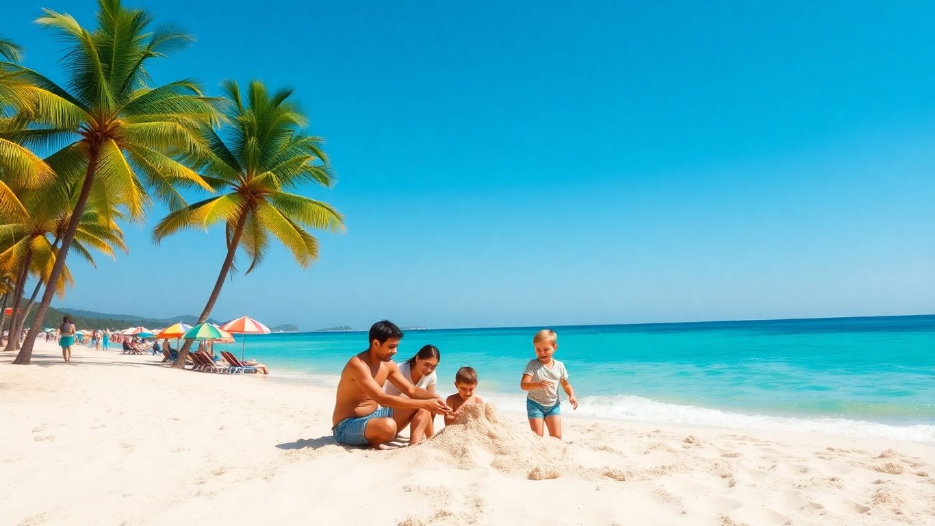 Family enjoying a sunny beach vacation with clear blue water.