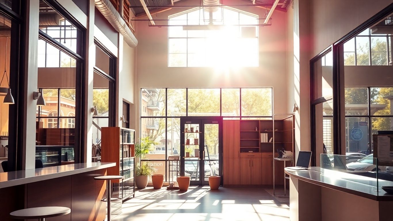 Modern business interior with natural light.