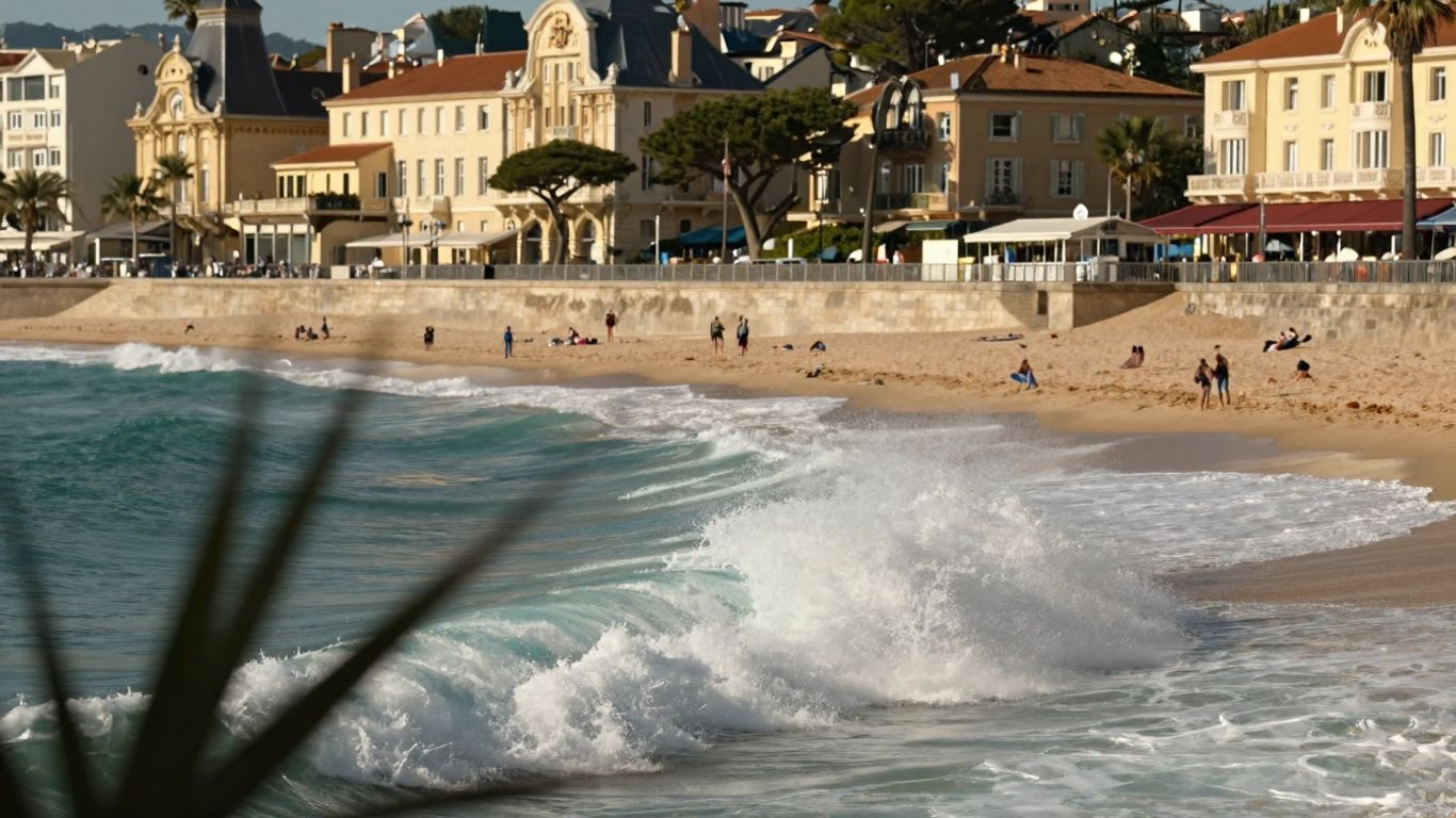Surfers riding waves near elegant French coastal architecture.