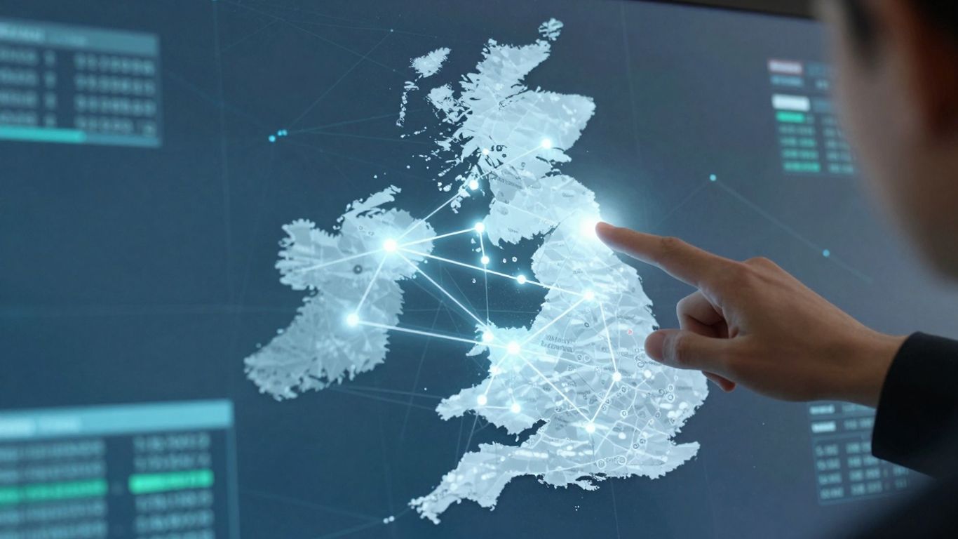 UK map with digital connections for buying backlinks.