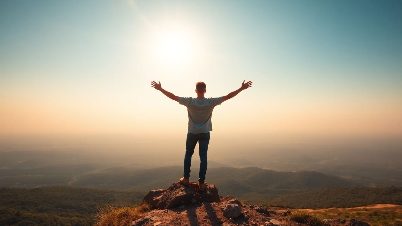 Person on mountaintop with arms outstretched, clear sky.