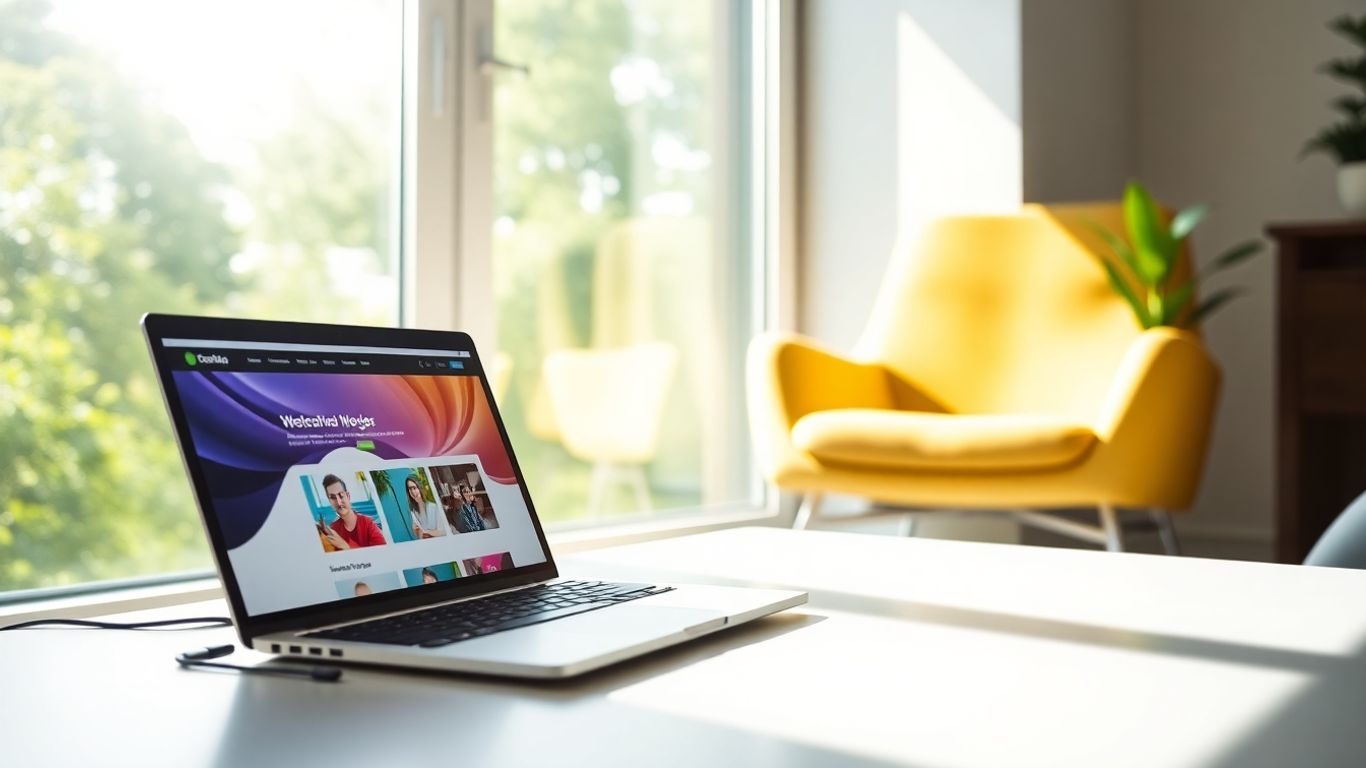 Laptop pe birou cu site web afișat