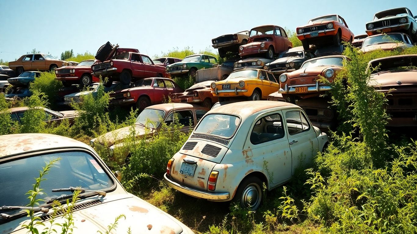 Rows of vintage Fiat cars in a junkyard.