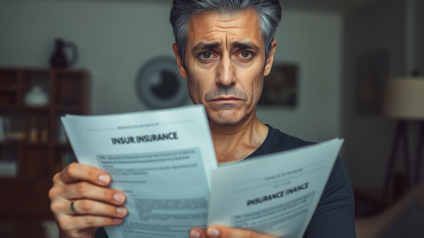 Persona preocupada revisando documentos de seguro y finanzas.