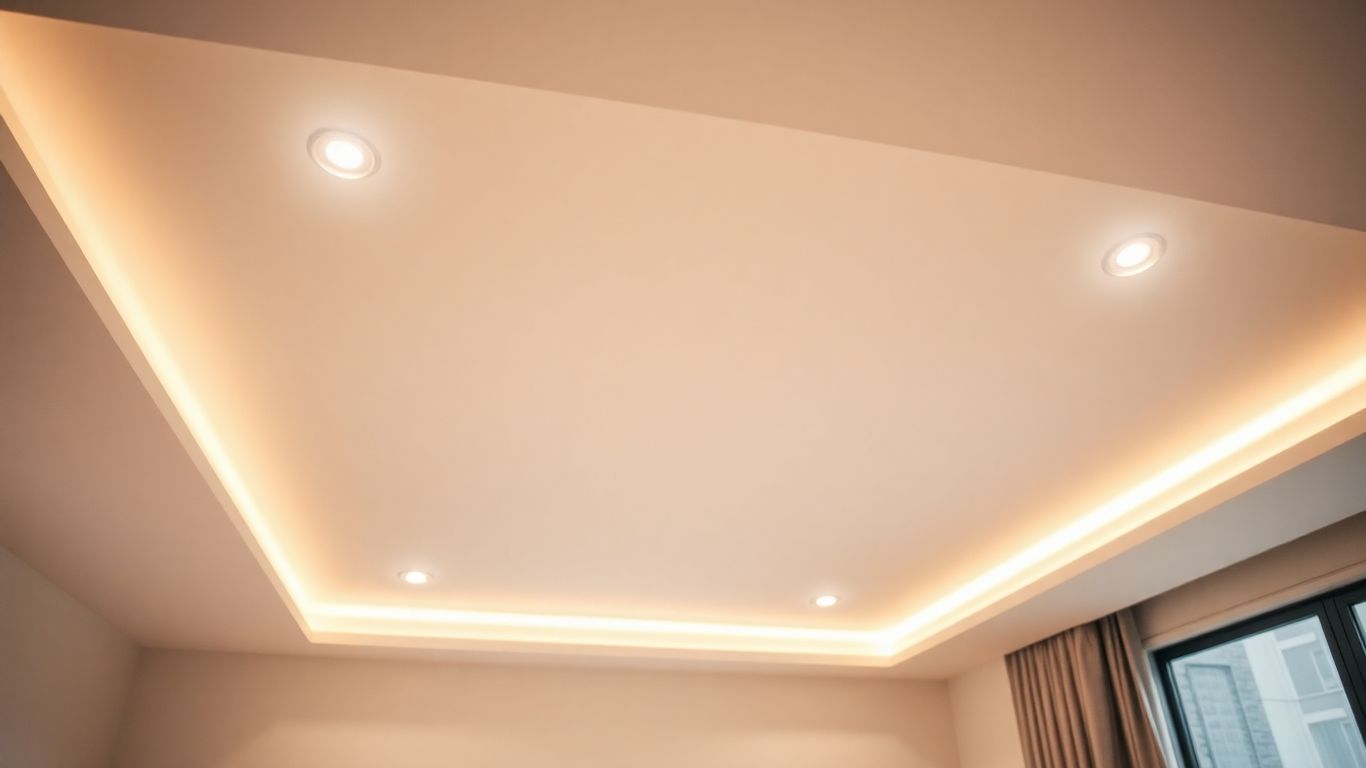 Modern ceiling with bright LED lights.