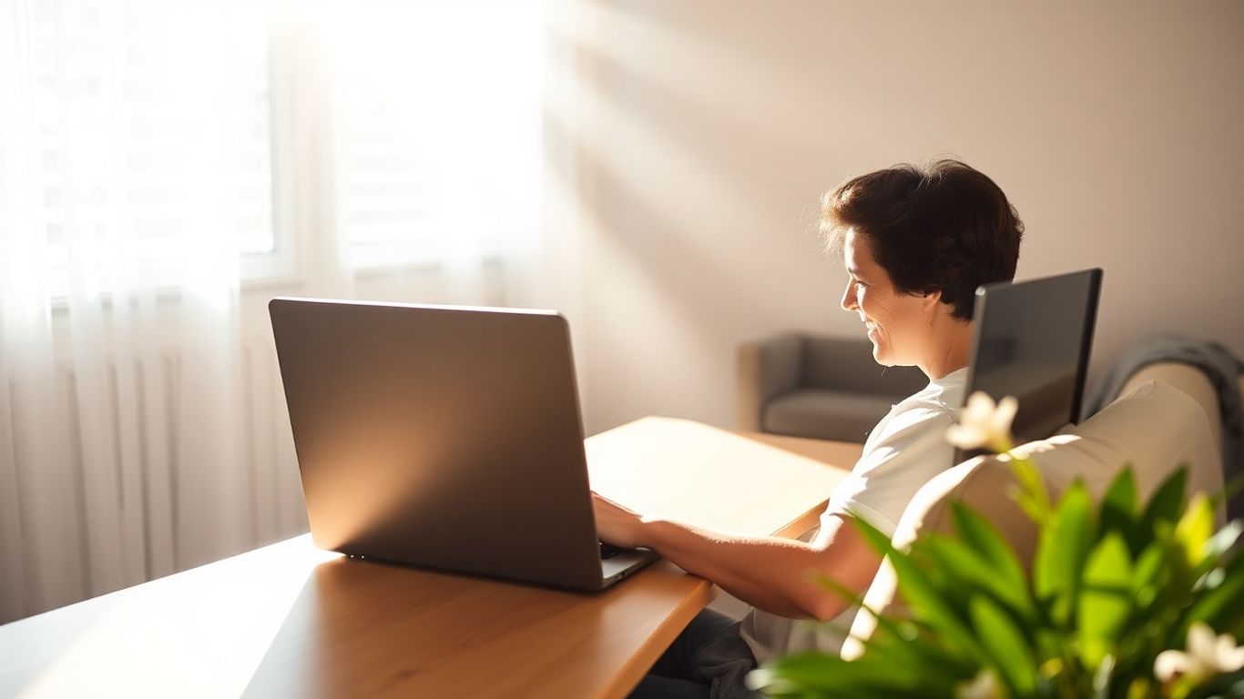 Person working on laptop at home desk.