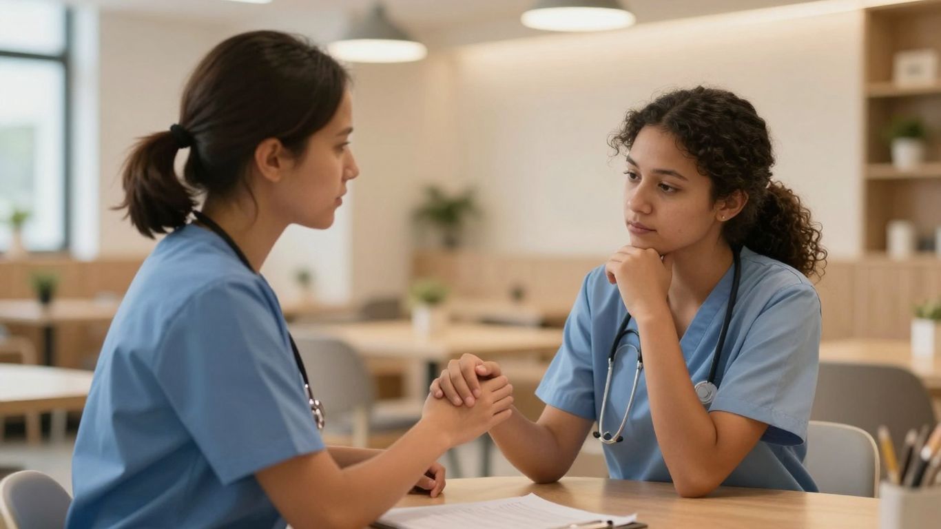 Staff offering support in a hostel common area.