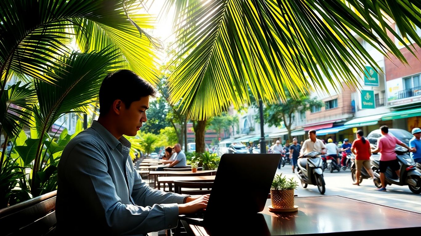 Digital nomad working on a laptop in Ho Chi Minh City.