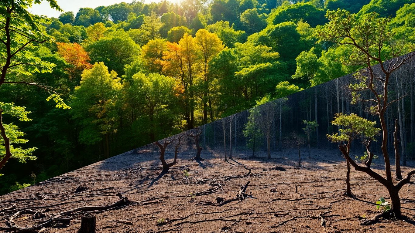 Pădure verde versus teren defrișat