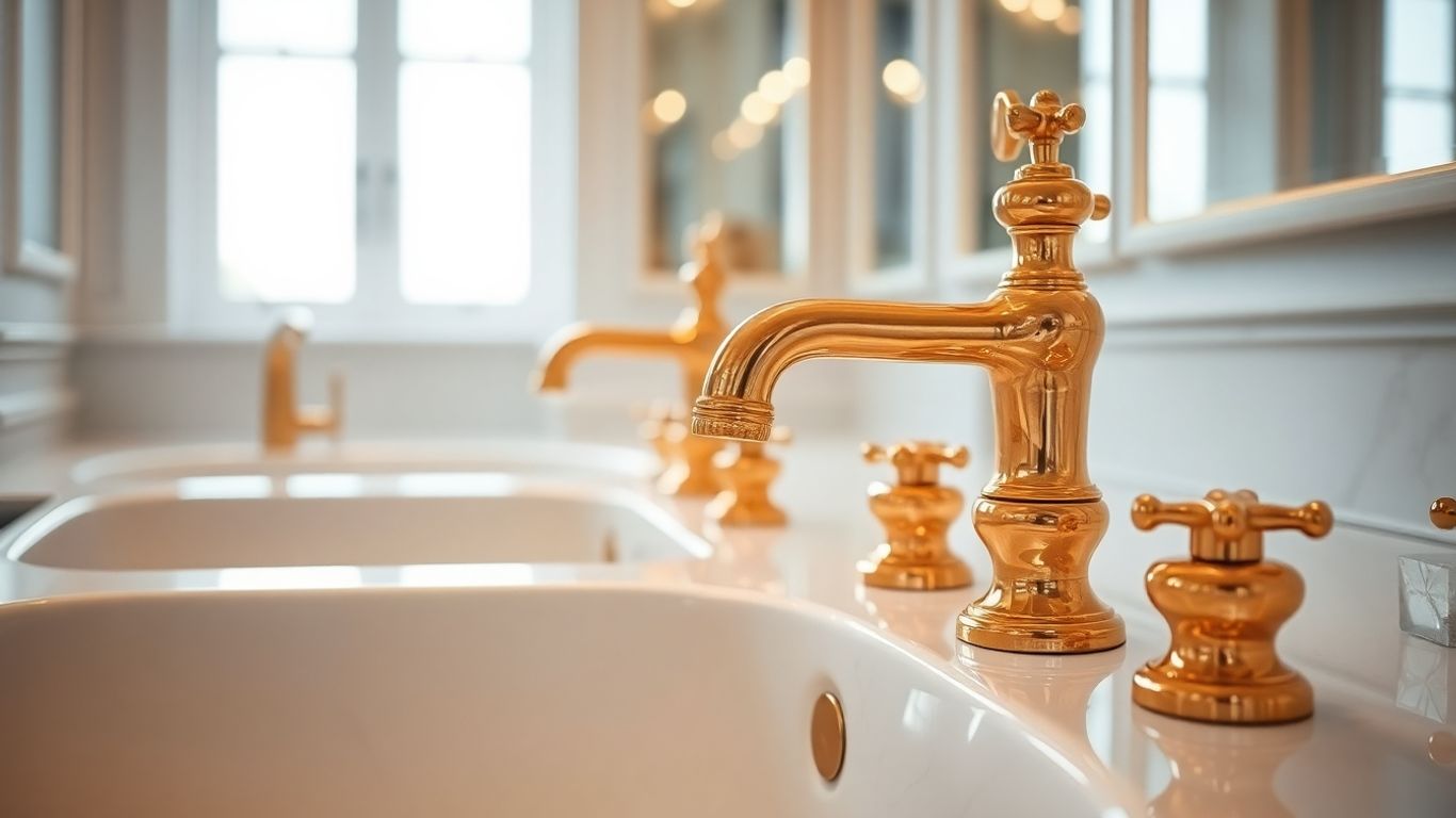 Gold bathroom taps in a modern, luxurious bathroom setting.
