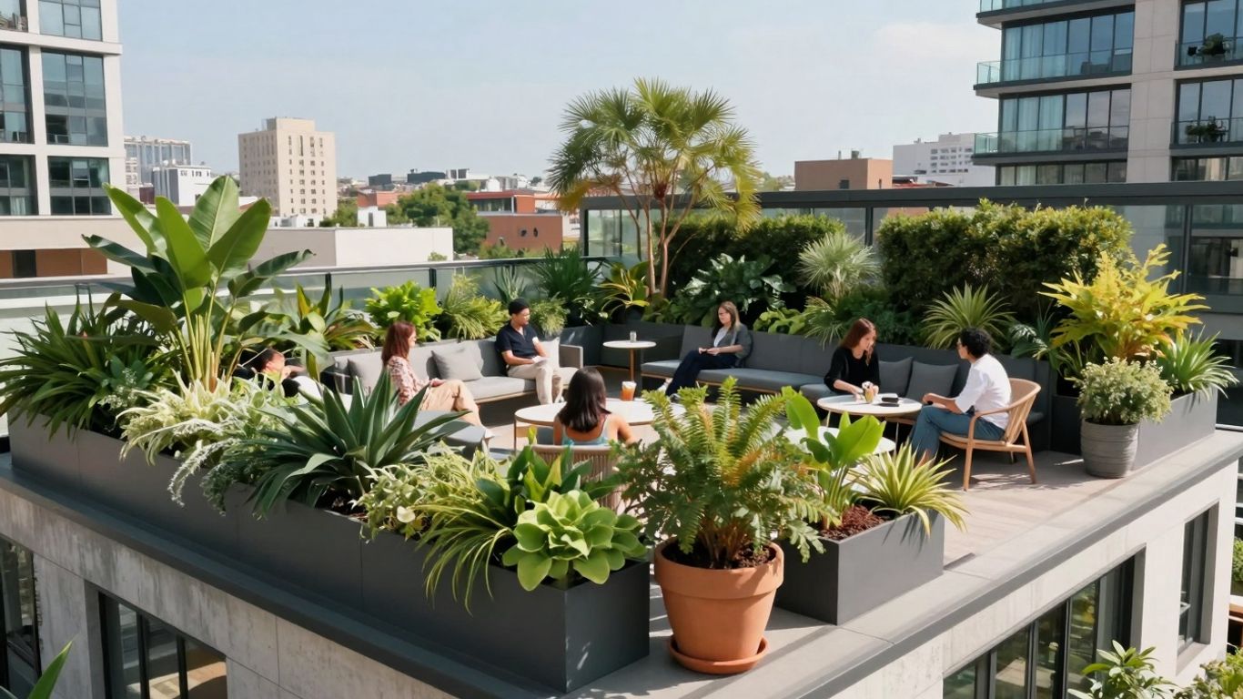 Grădină urbană pe acoperișul unui bloc modern.