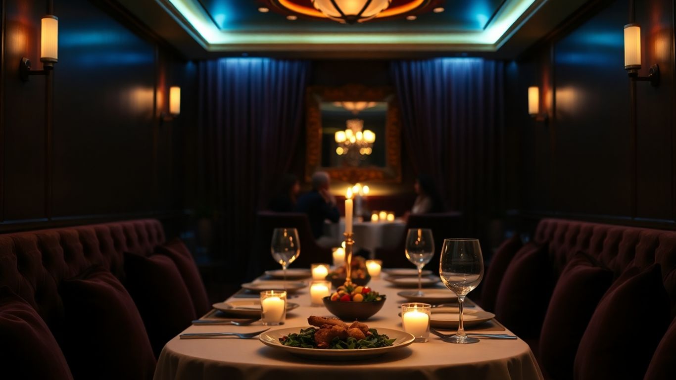 Elegant private dining room with gourmet food and soft lighting.