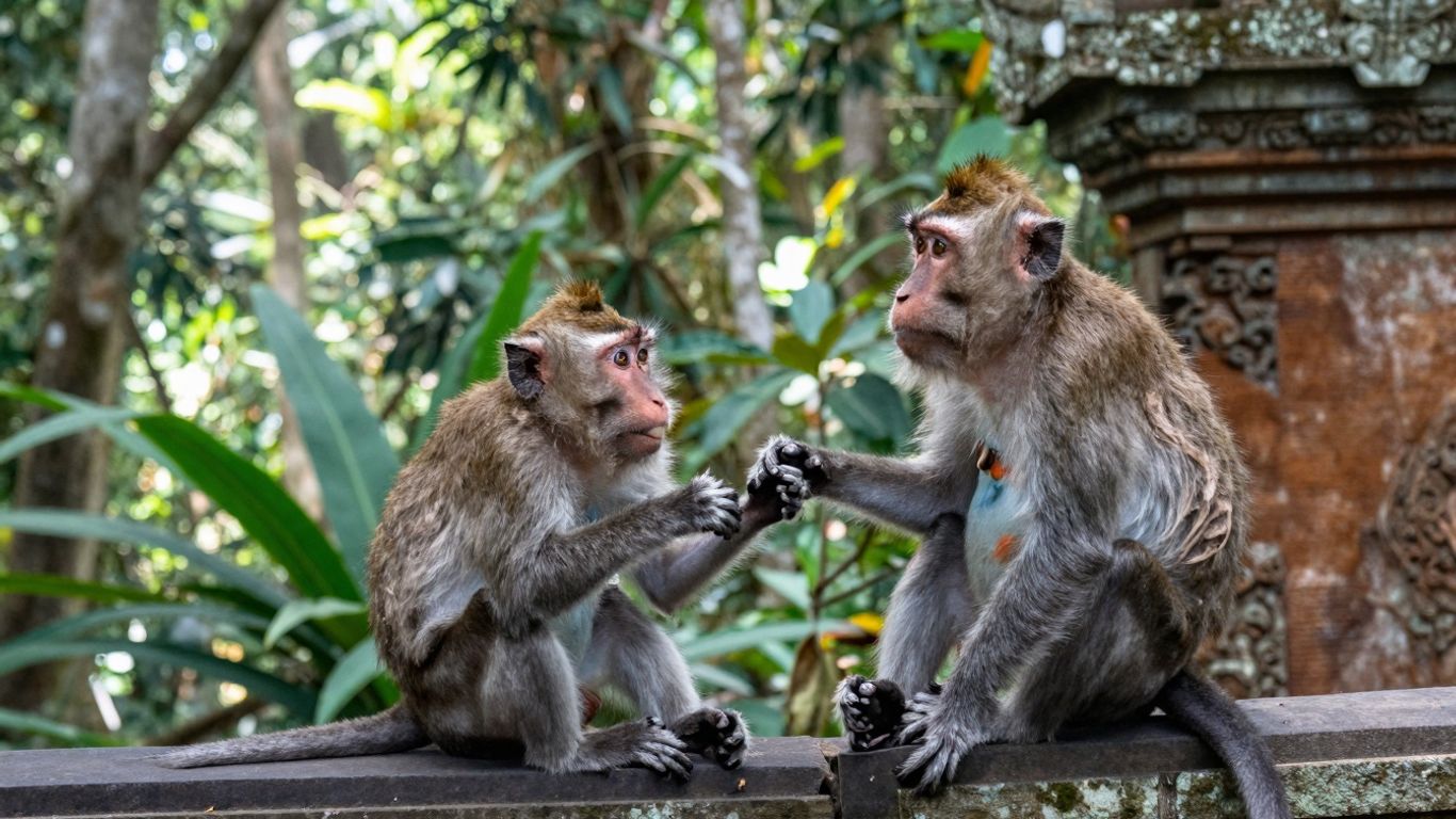 Monkeys in lush green Ubud Monkey Forest, Bali.