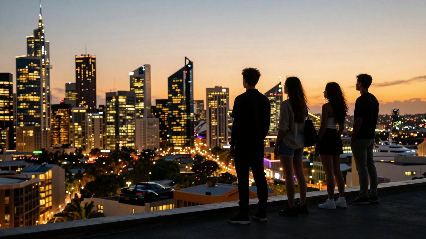 Young rich Australians overlooking city skyline at sunset.