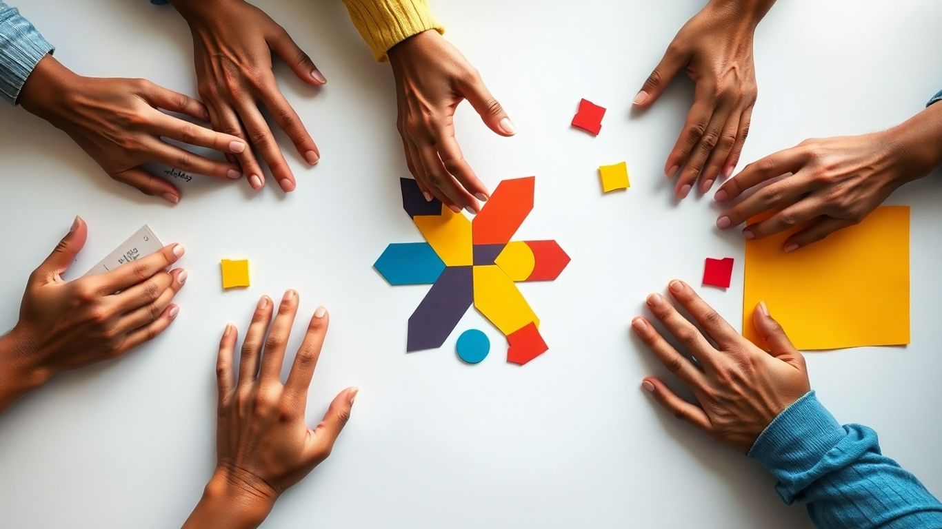 Hands arranging colorful shapes for creative logo design.