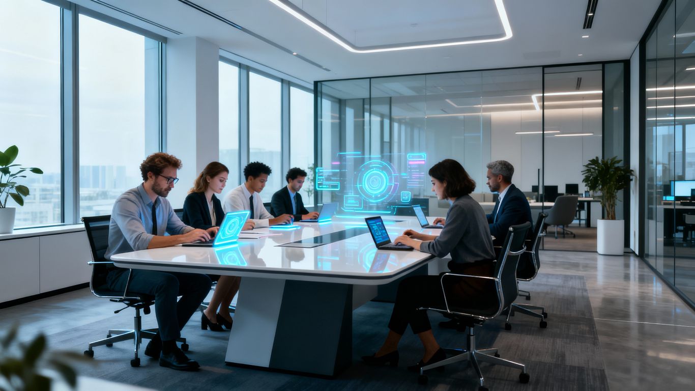 Team collaborating in a modern office with sunlight.