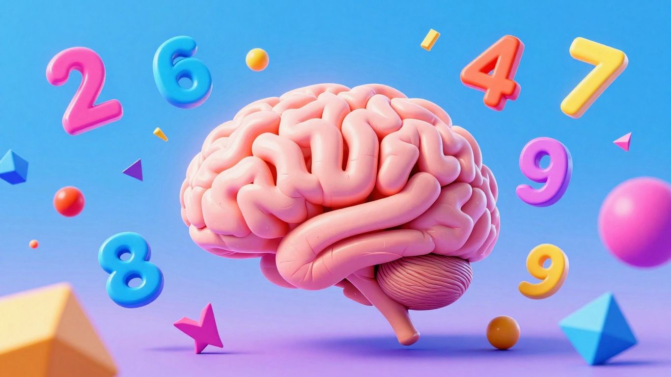 Playful math symbols and a glowing brain in a game-like illustration.