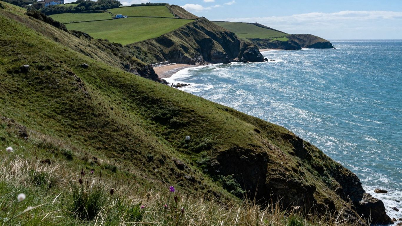 Hampshire coastline with green hills and blue sea.