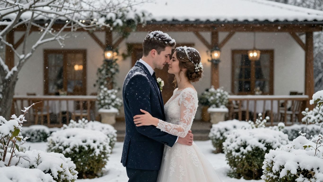 Couple in snowy garden at winter wedding venue.
