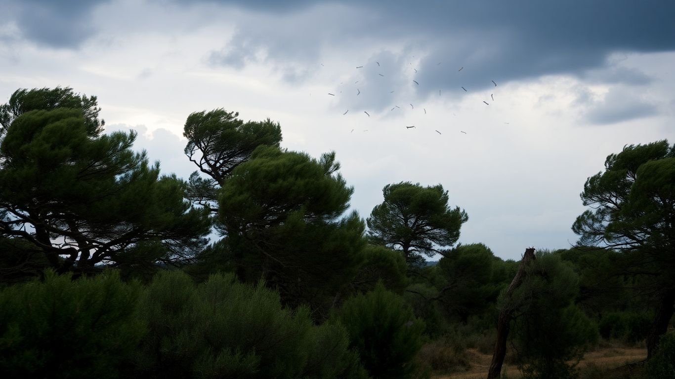 Vent fort en Hérault, arbres courbés, ciel menaçant.