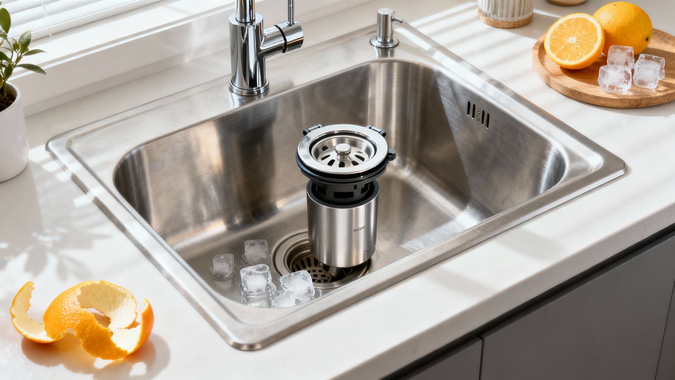 Clean sink with garbage disposal and fresh citrus peels nearby