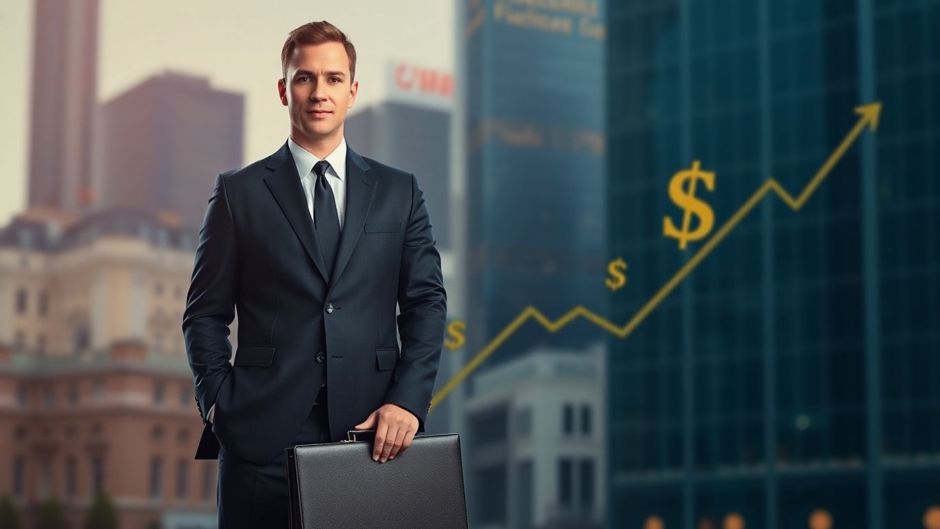 Investment banker with briefcase, city backdrop, currency symbols.