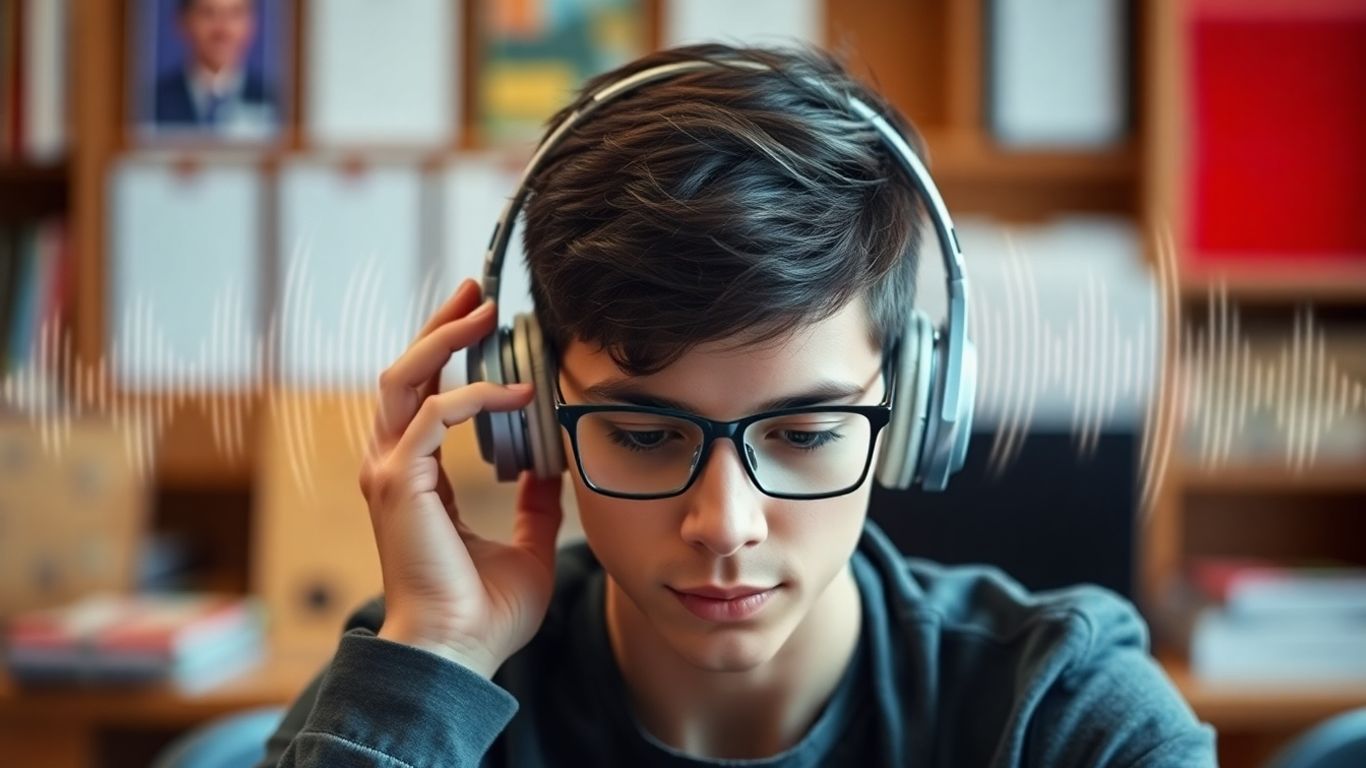 Student wearing headphones, concentrating on IELTS listening practice.