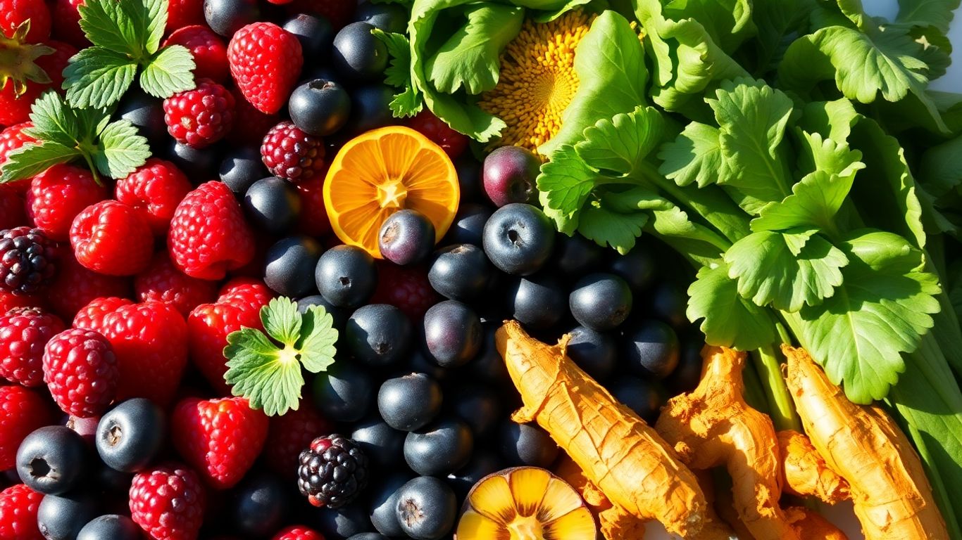 Colorful anti-inflammatory foods like fruits and vegetables.