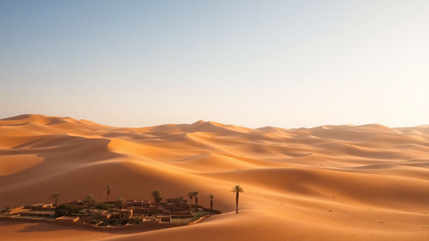 واحة صحراوية مع كثبان رملية وقرية تقليدية