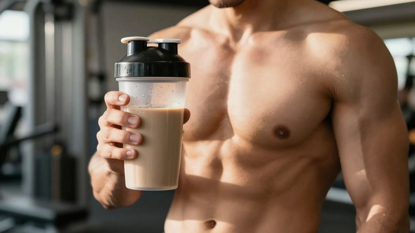 Homem forte segurando um copo de whey protein.