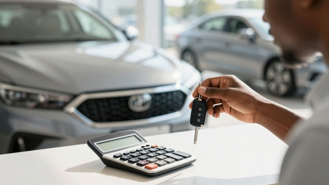 Car keys, calculator, and new car for loan payment calculation.