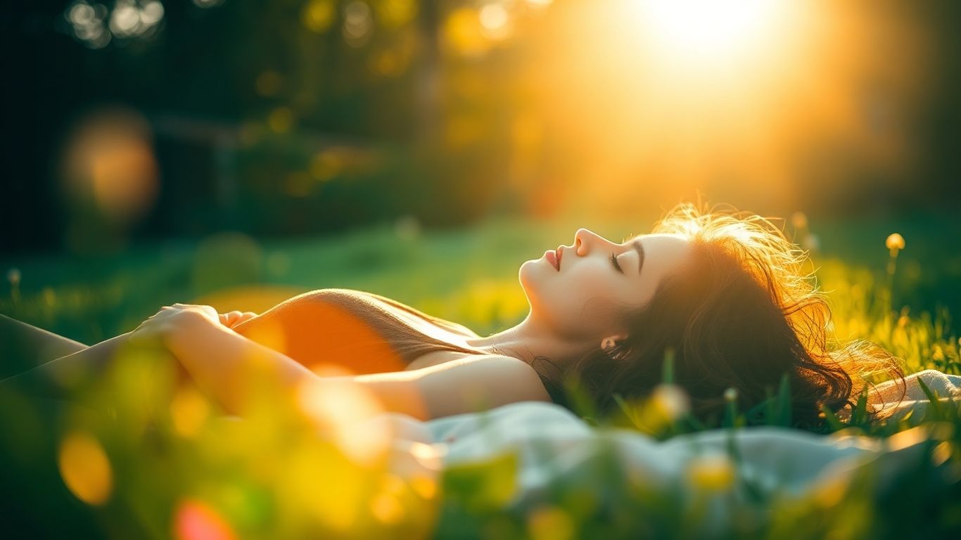 Person resting peacefully in a sunlit natural environment.