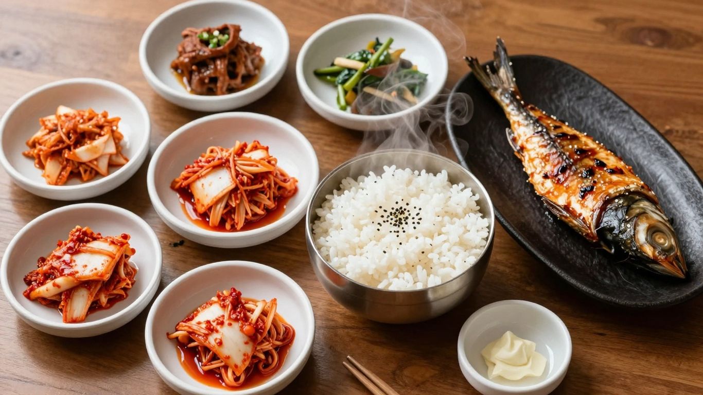 Korean breakfast spread with rice, kimchi, fish, and banchan.