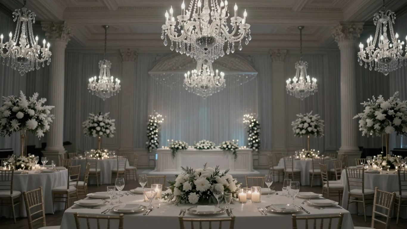 Elegant Dallas wedding venue with winter decor and chandeliers.