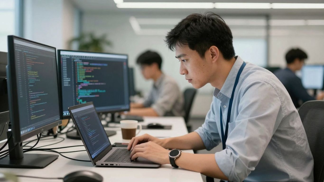 IT manager troubleshooting on a laptop in an office.