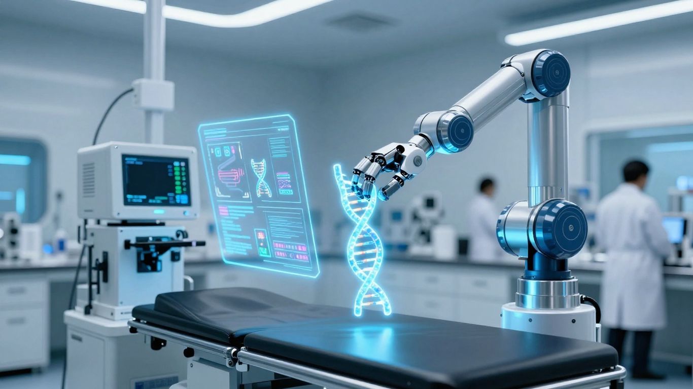 AI in medicine, futuristic lab, robotic arm, DNA helix.