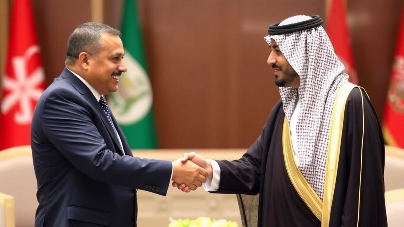 Leaders shaking hands, symbolizing a defense agreement.