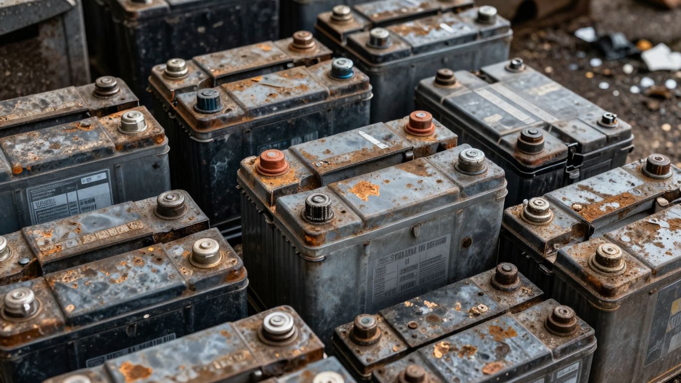 Discarded car batteries, environmental hazard.
