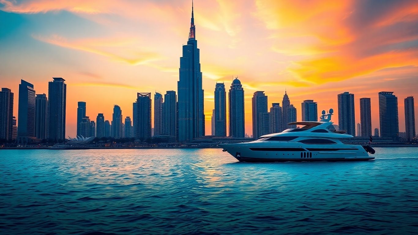 Dubai skyline with Burj Khalifa and Palm Jumeirah.
