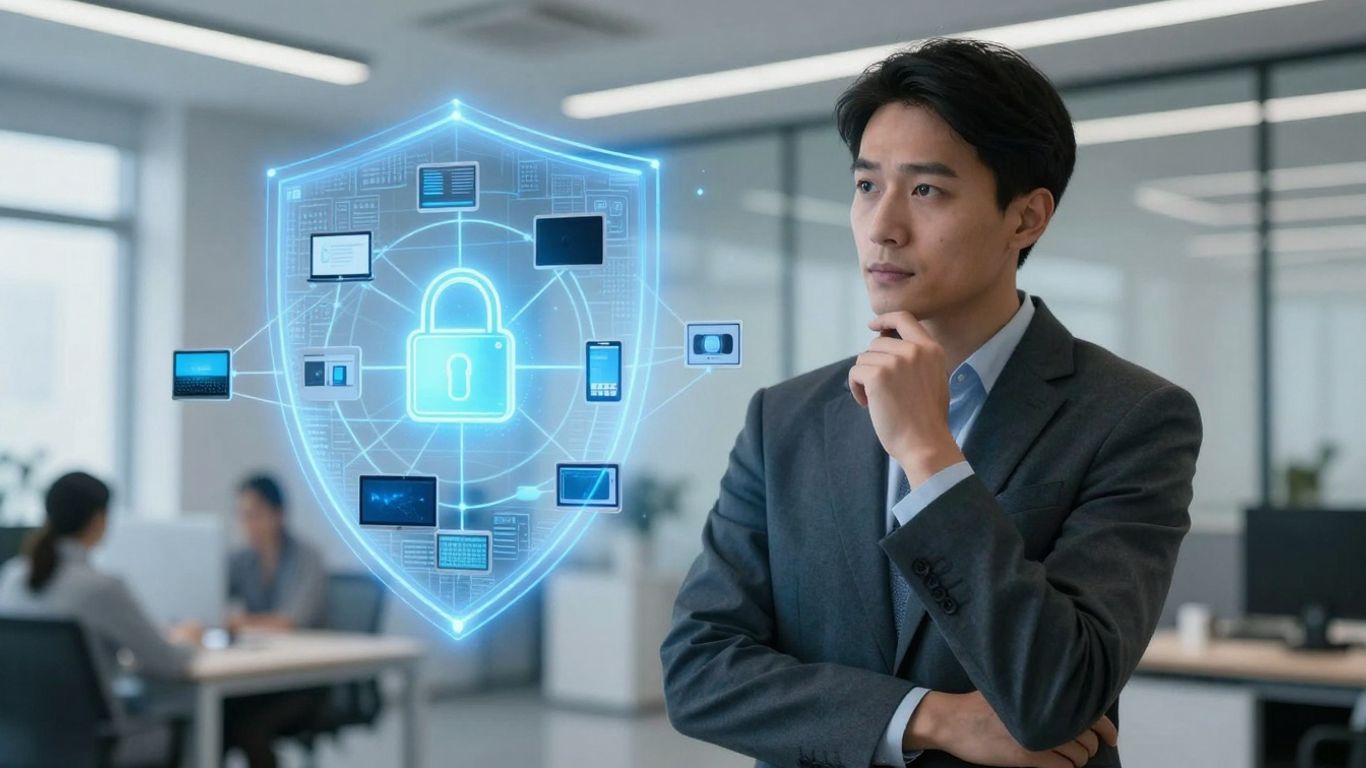 Businessperson with digital shield protecting network.