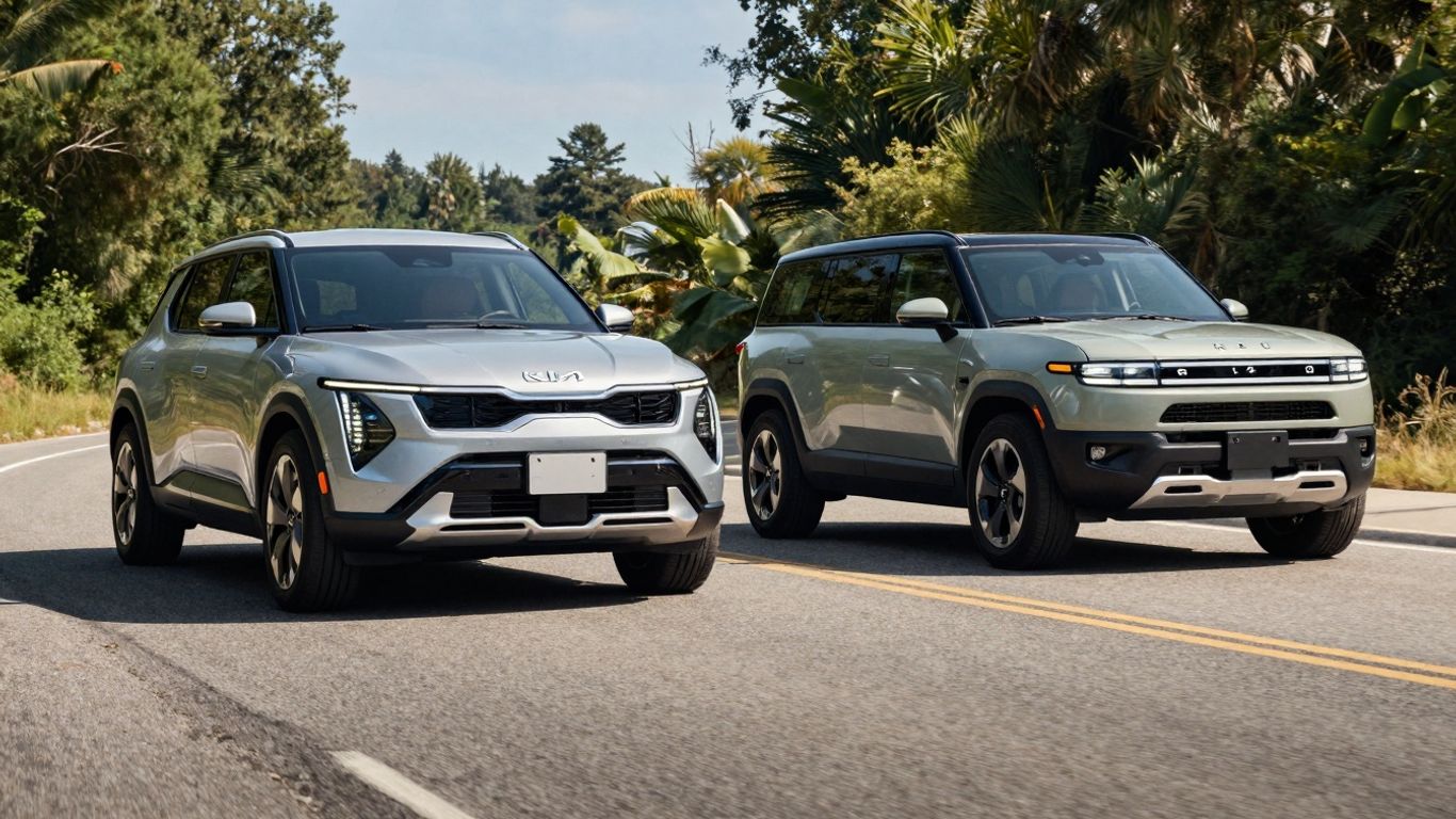 Kia EV9 and Rivian R1S electric SUVs side-by-side.