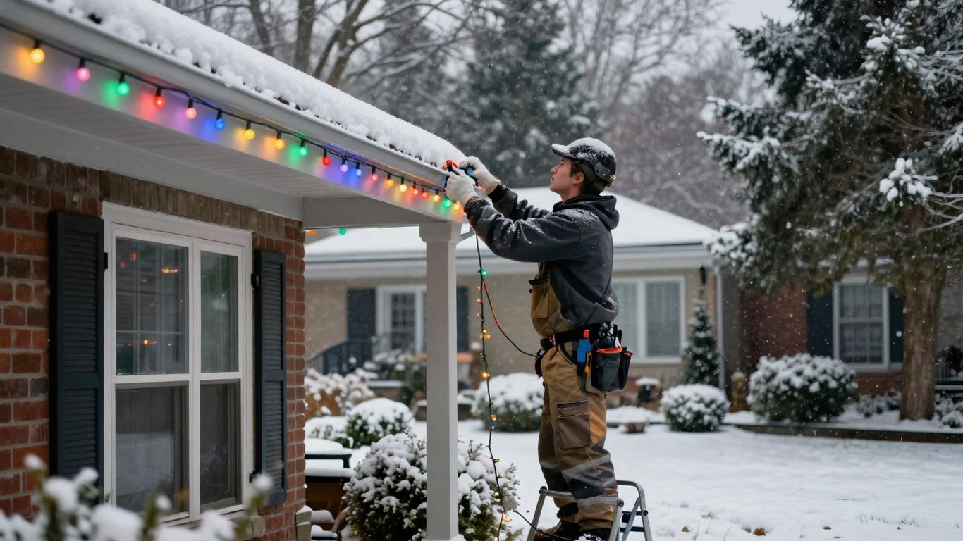 Christmas lights installation on Oakville home exterior.
