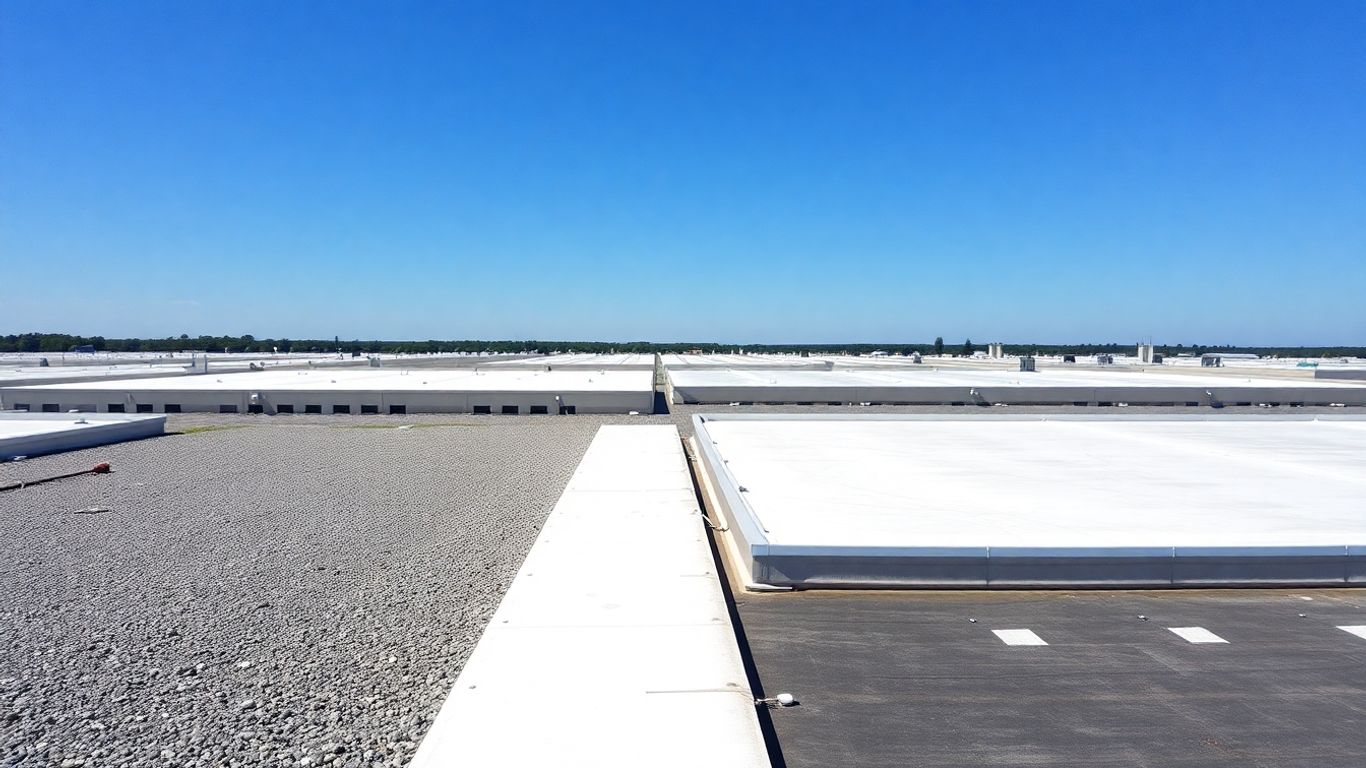 Various commercial flat roof systems on buildings.