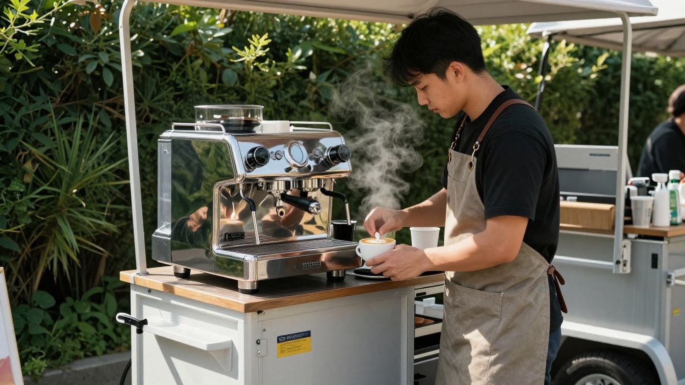 Mobile coffee cart with espresso machine and barista.