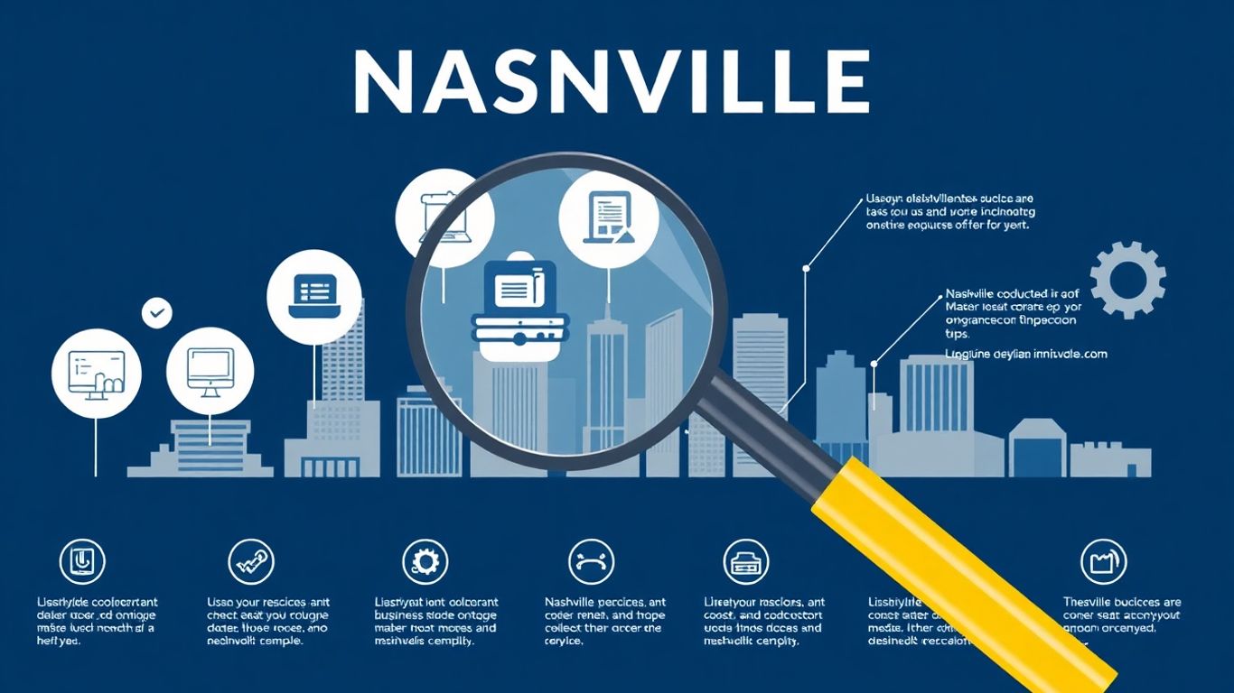 Nashville skyline with business service icons and magnifying glass.