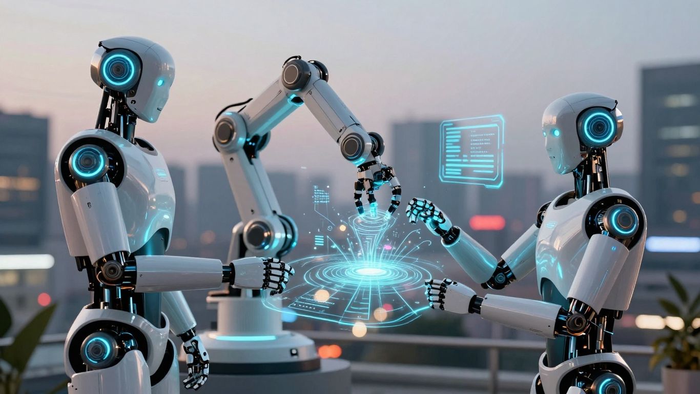 Robots and AI interfaces in a futuristic setting.