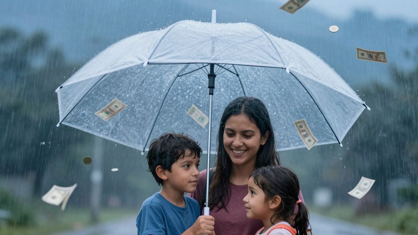Umbrella protecting family from falling money